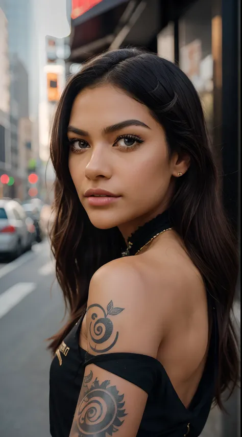 Full sleeve tattoo, A very realistic and highly detailed portrait of a beautiful Native American woman wearing sunglasses in the future New York City , full-body , ((Zendaya is a Native American woman)) , Indigenous dress  , long  hair, Hand and body tatto...