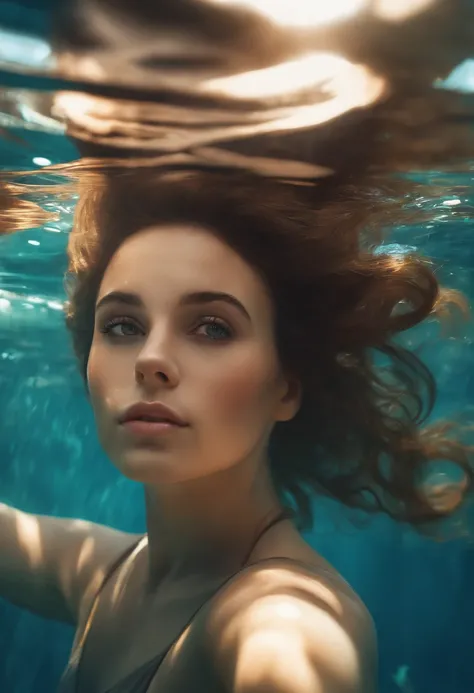 foreshortening,  depth of field, masterpiece, best quality, brown hair, brown eyes, underwater, air bubble, solo, looking at viewer,  dappled sunlight