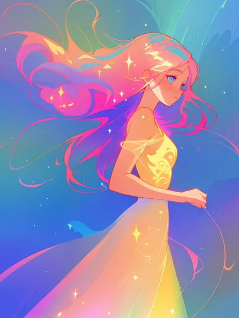 beautiful anime girl in colorful liquid dress, vibrant pastel colors, (colorful), magical lights, sparkling lines of light, inspired by Glen Keane, inspired by Lois van Baarle, disney art style, by Lois van Baarle, glowing aura around her, by Glen Keane, j...