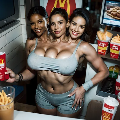 2heads:1.5, 1woman brunette, (((2heads))), Argentinian, Dominican, 27 years old, wearing tight mcdonalds employee uniform, , behind the counter at a McDonalds, McDonalds background, holding a mcdonalds bag, wearing a headset,sweaty, glistening skin,  wide ...