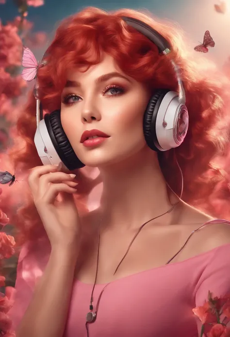 woman rounded face, medium length curly red hair, headphones, microphone, on a podcast, background with butterflies moon incense and crystals, romantic style pink outfit, anime style