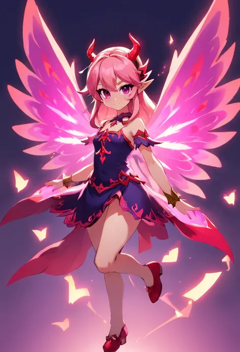 Fairy, devil-like with devil wings, all pinks and purples with glowing red eyes, masterpiece, best quality