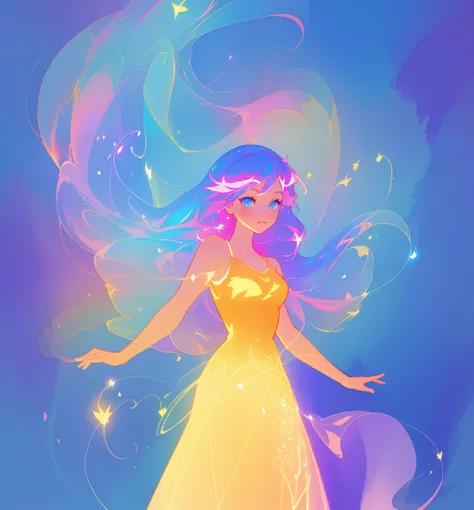 beautiful anime girl in colorful ballgown, vibrant pastel colors, (colorful), magical lights, sparkling liquid light, inspired by Glen Keane, inspired by Lois van Baarle, disney art style, by Lois van Baarle, glowing aura around her, by Glen Keane, jen bar...