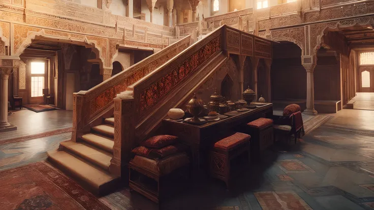 interior view of a mansion in 16th century Arabia, either Basra or Ormuz, very luxurious, building structure like a harem or mosque, building structure with elements of a turkish harem or mosque, orientalism, inside a mansion, interior, rich, grand, stairs...