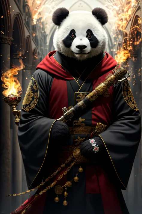 extremely detailed 8k wallpaper), intricate, richly detailed, dramatic, Panda bear with white kimono, ready for combat, Sinister face is drawn with only a pair of red eyes peeking underneath, graphics insanely, light is reflected in the ornaments, bright a...