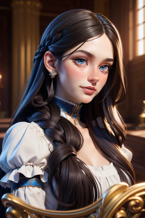 3dmm style,(masterpiece, top quality, best quality, official art, beautiful and aesthetic:1.2), (fractal art:1.3), detailed, perfect lighting, dark brown hair, very long hair, braids, [face freckles], (blue eyes), choker, smokey make up, close up, portrait...