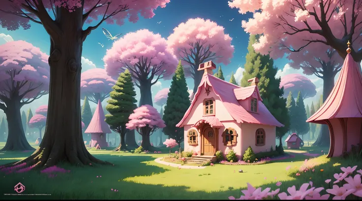 Cartoon fairy magical colony , pink tree , grass , magical houses , beautiful inverment, magical things flying in sky ,