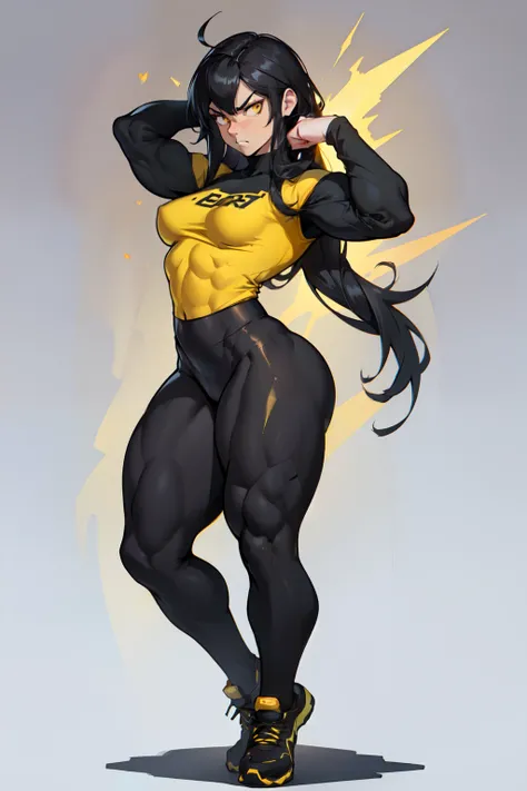 (((((muscular))))), (((thick thighs, small breasts, toned body, 1 girl))), black hair, pale skin, yellow eyes, angry, very long hair, ((full body)) (tight shirt long sleeves leggings hero pose)