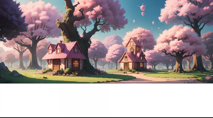 Cartoon fairy magical colony , pink tree , grass , magical houses , beautiful inverment, magical things flying in sky fill this empty image