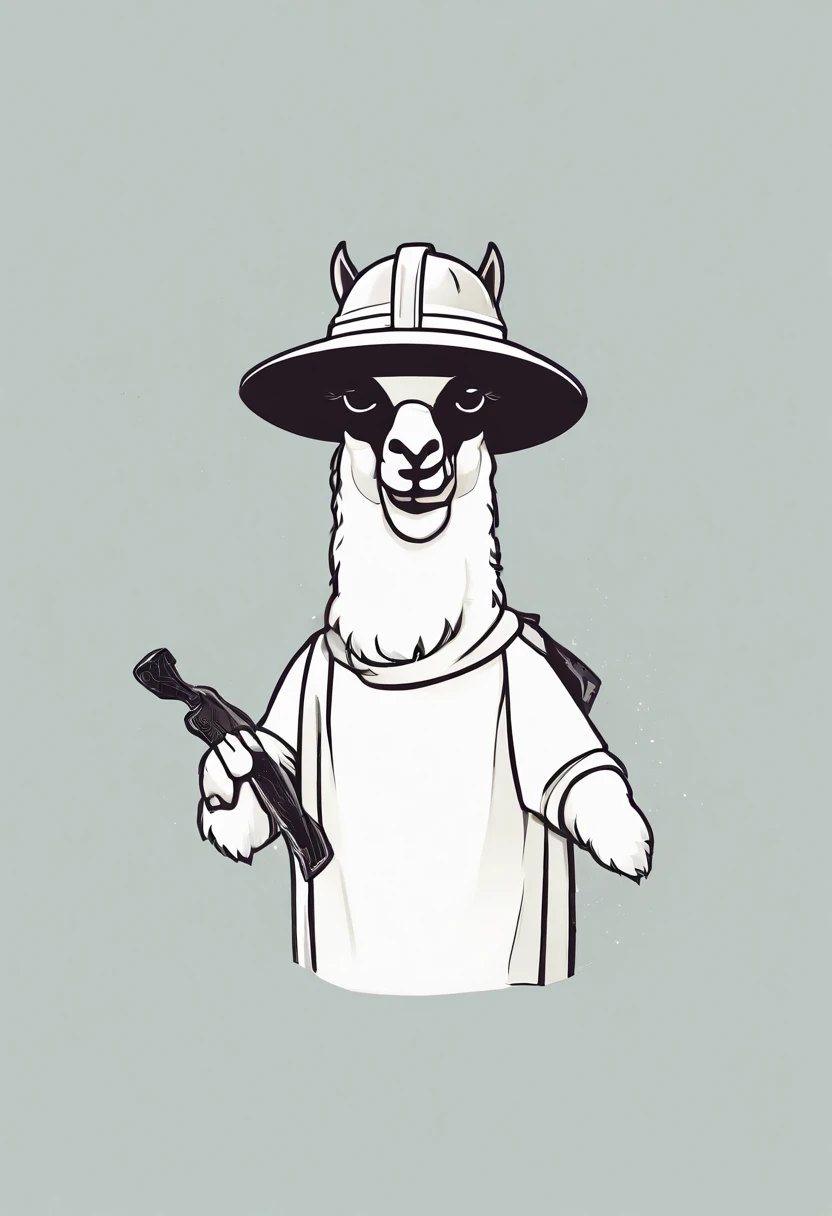 llama with a axe in hands, the llama is wearing a war helmet, torn clothes, simple line, vector, flat style