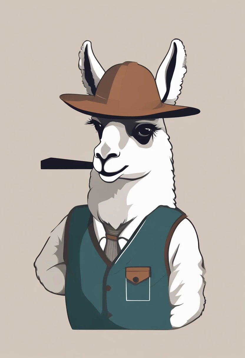 llama with a axe in hands, the llama is wearing a war helmet, torn clothes, simple line, vector, flat style