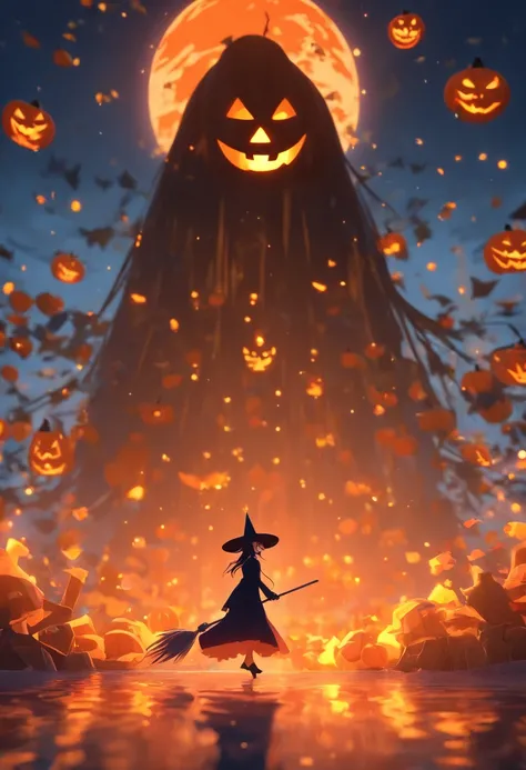 (A witch walks towards a giant jack-o-lantern:1.5),(Halloween element:1.1),miniature world,(clean background),masterpiece,best quality,more details,(super creative),C4D,Abstract picture,surrealism,Pixar style,3D effect,Disney style,clear outline light,rim ...