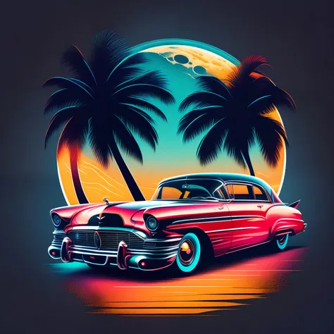 illustration logo style of a fancy classic car, full moon, palms , bright colors, high definition, fine details, pro vector