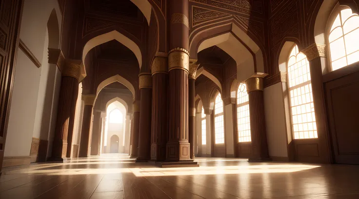 interior view of a mansion in 16th century Arabia, either Basra or Ormuz, very luxurious, building structure like a harem or mosque, building structure with elements of a turkish harem or mosque, orientalism, inside a mansion, interior, rich, grand, stairs...