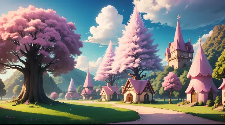 Cartoon fairy magical colony , pink tree , grass , magical houses , beautiful inverment, magical things flying in sky ,