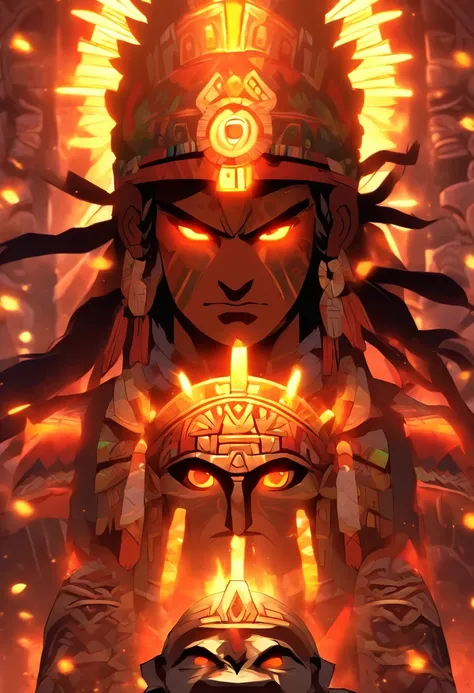 (((Aztec God))) best quality, ultra-high resolution, 4K detailed CG, masterpiece, Huitzilopochtli ,god of war,sun god, Aztec mythology, Aztec temple, Aztec clothing, ray of light, Mexico, aesthetics, beautiful image, centered on the screen