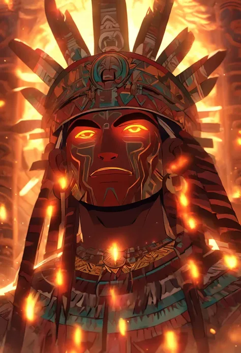 (((Aztec God))) best quality, ultra-high resolution, 4K detailed CG, masterpiece, Huitzilopochtli ,god of war,sun god, Aztec mythology, Aztec temple, Aztec clothing, ray of light, Mexico, aesthetics, beautiful image, centered on the screen