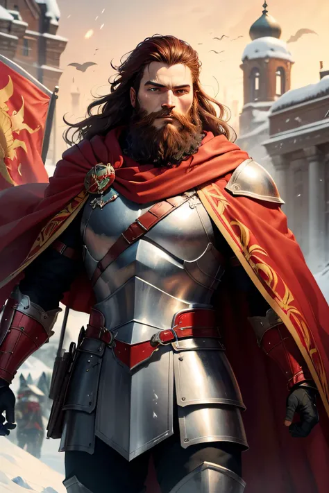 1 man, leader of the proletariat, heavy knight armor, red cape, brown hair and beard, revolution, inspiring, red and gold banner, heroic, snow