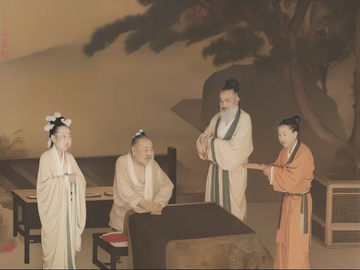 Li Shizhen is an old man,Tall,Long hair shawl,Wear Tang dynasty costumes,The body is plump and full,Feel at ease,Stand in front of the wooden house,Admire the wormwood growing on the ground,The wooden house is at the foot of the mountain,Sunset,There are s...