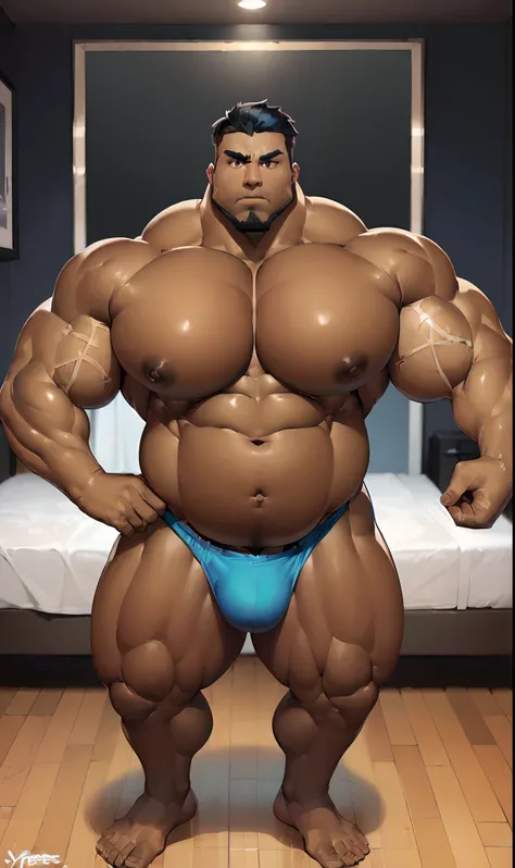 solo,Big muscles,(hyper pecs:2.0),big nipples,Chubby,Belly,(((plump))),bodybuilder,thick arms,large arms,thick tight,                  very thick body,(oiled skin,dark skin,dark-skinned male:1.2), obi akitaru, muscle posing,in the bedroom,masterpiece,best ...