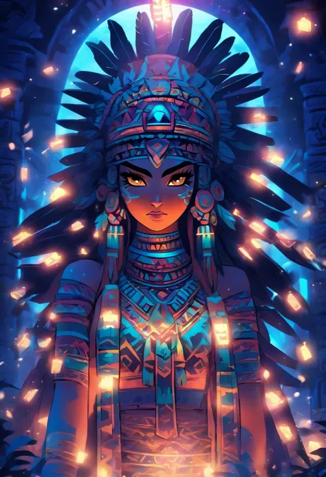 (((Aztec Goddess))) best quality, ultra-high resolution, 4K detailed CG, masterpiece, Coyolxauhqui ,moon goddess, Aztec mythology,woman,moonlight, Aztec temple, Aztec clothing, night, Mexico, aesthetics, beautiful image, centered on the screen