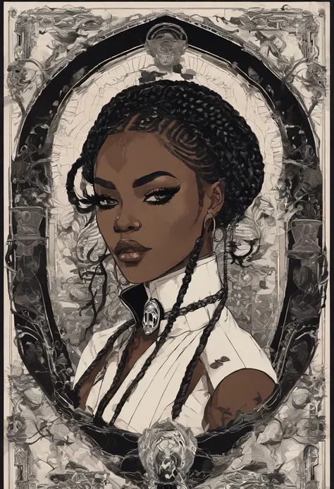 1970s dark fantasy book cover paper art dugerons and dragon style drawing of black girl with boxer braid, round face and round, vintage glasses. Wearing a black outfit with a high collar and ripped sleeves that look like a tank top.