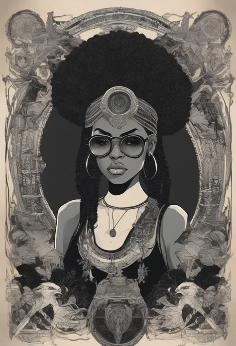 1970s dark fantasy book cover paper art dugerons and dragon style drawing of black girl with boxer braid, round face and round, vintage glasses. Wearing a black outfit with a high collar and ripped sleeves that look like a tank top.