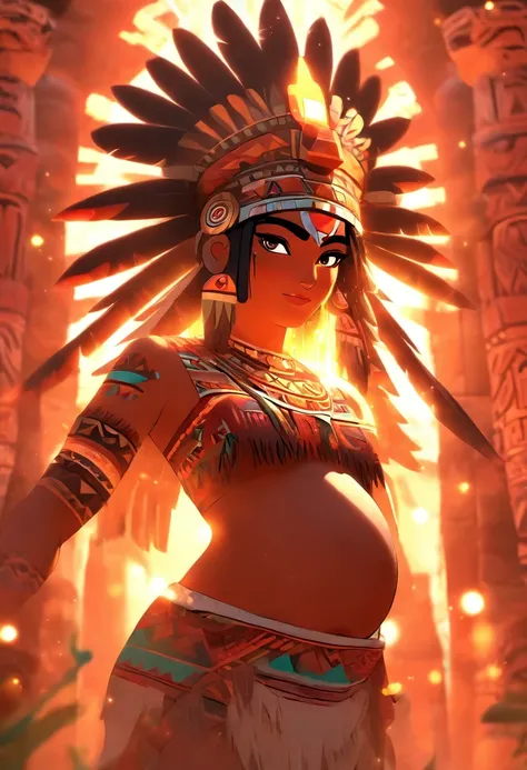 (((Aztec goddess pregnant))) best quality, ultra-high resolution, 4K detailed CG, masterpiece, Coatlicue,goddess of life, Aztec mythology,pregnant woman,sunlight, Aztec temple, Aztec clothing, Mexico, aesthetics , beautiful image, centered on the screen