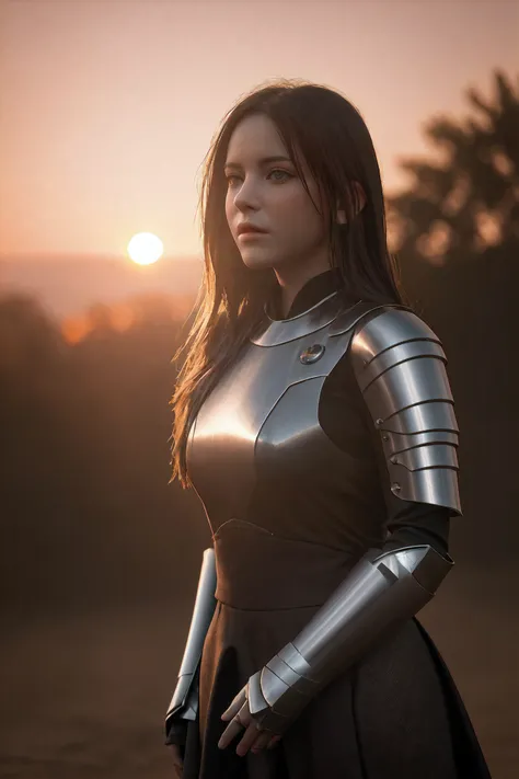 Raw, cinematic shot, (sharp focus:1.5), (photorealistic:1.4), twilight lighting, volumetric lighting, ultra high res, 16K,dramatic lighting, portrait of a girl, the most beautiful in the world, (medieval armor), metal reflections, upper body, outdoors, int...