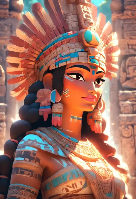 (((Elderly Mayan Goddess))) best quality, ultra-high resolution, 4K detailed CG, masterpiece, Itzamná, god of the heavens, Mayan mythology, elderly, old, ancient, sunlight, Mayan temples, Mayan clothing, Mexico, aesthetics, beautiful image, centered on the...