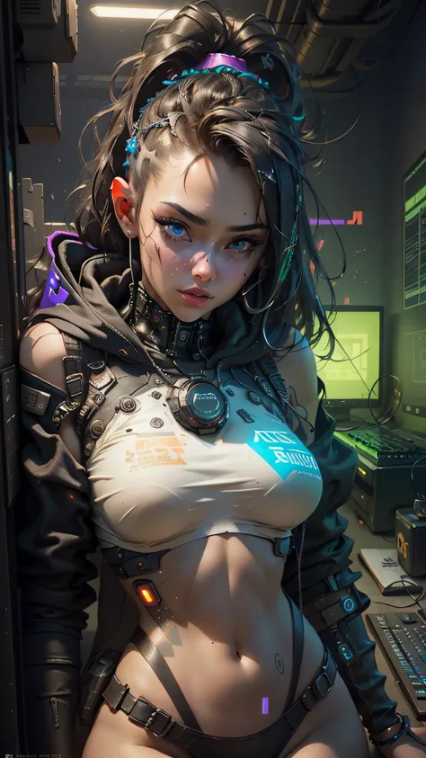 ((Best Quality)), ((Masterpiece)), (Very detailed:1.3), 3D, Beautiful (Cyberpunk:1.3) Female hacker, thick hair, exposed breasts, operating computer terminals, computer servers, LCD screens, fiber optic cables, corporate logos, HDR (High Dynamic Range), ra...