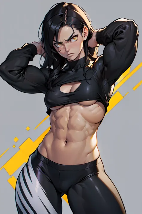 (((((muscular))))), (((thick thighs, small breasts, toned body, 1 girl))), black hair, pale skin, yellow eyes, angry, very long hair, (tight shirt long sleeves midriff navel abs underboob leggings hero pose)