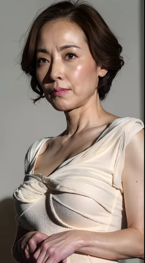 tre anatomically correct, Sharpen, gravure, Upper body close-up, masutepiece, Best Quality, Ultra-detailed, Photorealistic, super detailed skin, Natural hair color, Perfect Anatomy, (1 japanese mature woman), (Solo), 88 years old, Hide your chest with a to...