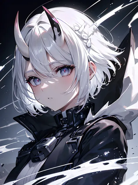 (Masterpiece, Best quality, ultra high resolution),1woman,white hair,short hair,oni horns,((bols look)),(black jacket),beautiful and detailed face, detailed eyes, looking at the viewer,(grey theme),in a park,night,close jacket,(spiky hair),(thick hair),(ae...