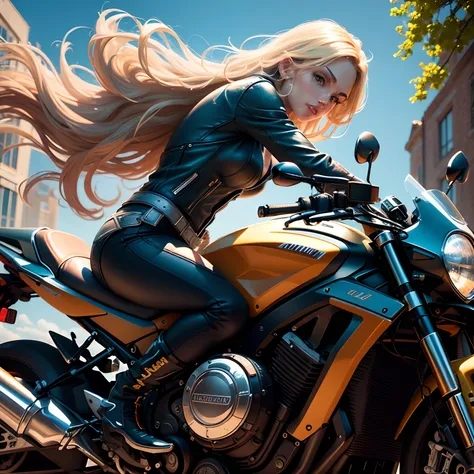 (best quality,4k,8k,highres,masterpiece:1.2),ultra-detailed,(realistic,photorealistic,photo-realistic:1.37),sexy blonde,riding,motorcycle riding through a stain glass window,leather jacket,wind blowing hair,glowing colors,reflection,scenic background,lush ...