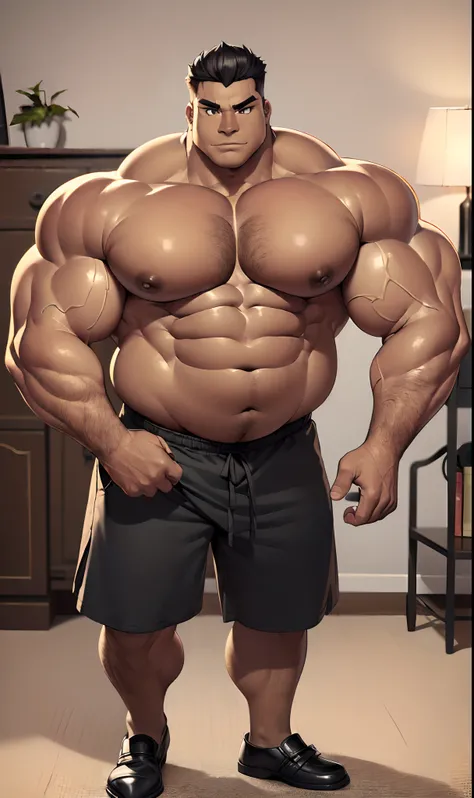 solo,Big muscles,(hyper pecs:2.0),big nipples,Chubby,Belly,(((plump))),bodybuilder,thick arms,large arms,thick tight,                  very thick body,(oiled skin,dark skin,dark-skinned male:1.2), obi akitaru, muscle posing,in the bedroom,masterpiece,best ...