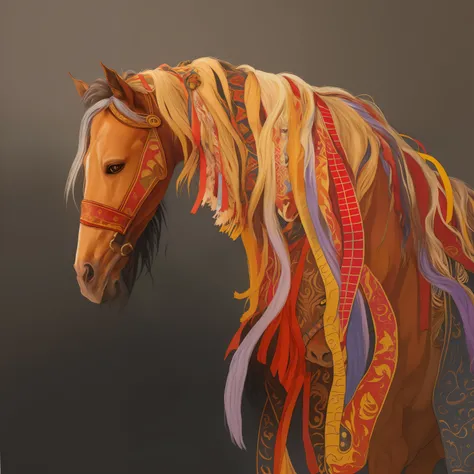 Arafir with colored mane made of ribbon on black background, cavalos, author：Lisa Mirroy, cavalos, author：Gwen Barnard, author：Fiona Stephenson, Mane, author：Nancy Karin, fire and flames mane, author：Jacquie Morgan, author：Carol Sutton, author：Brenda Chamb...