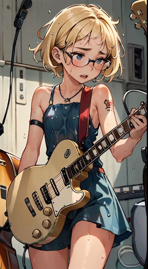 masterpiece, best quality, ultra-detailed, illustration, an extremely delicate and beautiful,high resolution, ultra-detailed,,perfect face,slender perfect body, Tight belly,Toned buttocks,Constricted waist,,(1 girl to band,guitar:1.7), 15yo,(1girl to blond...