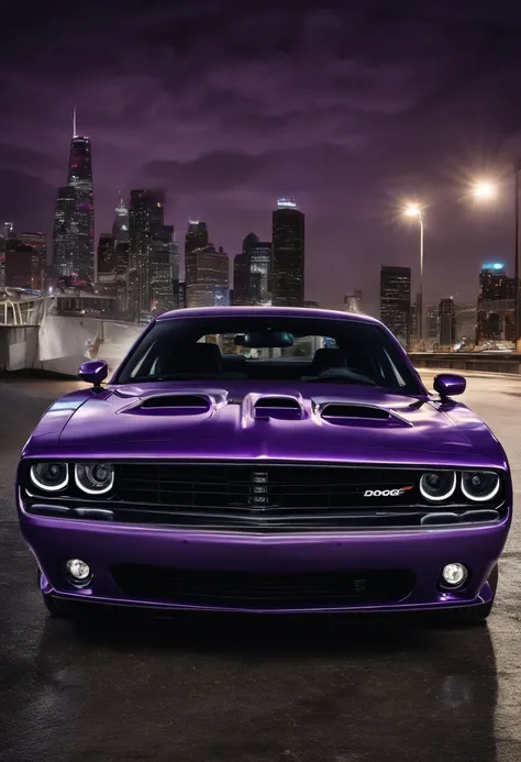 two black and purple striped dodge charger hellcats at night 4k realistic