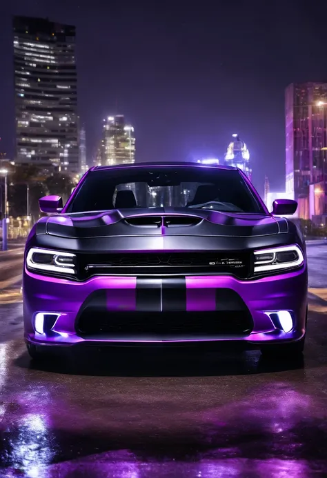 two black and purple striped dodge charger hellcats at night 4k realistic