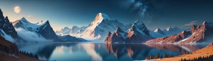 mountains and a lake with a moon in the sky, 4k highly detailed digital art, 4 k hd wallpaper very detailed, impressive fantasy landscape, sci-fi fantasy desktop wallpaper, unreal engine 4k wallpaper, 4k detailed digital art, sci-fi fantasy wallpaper, epic...