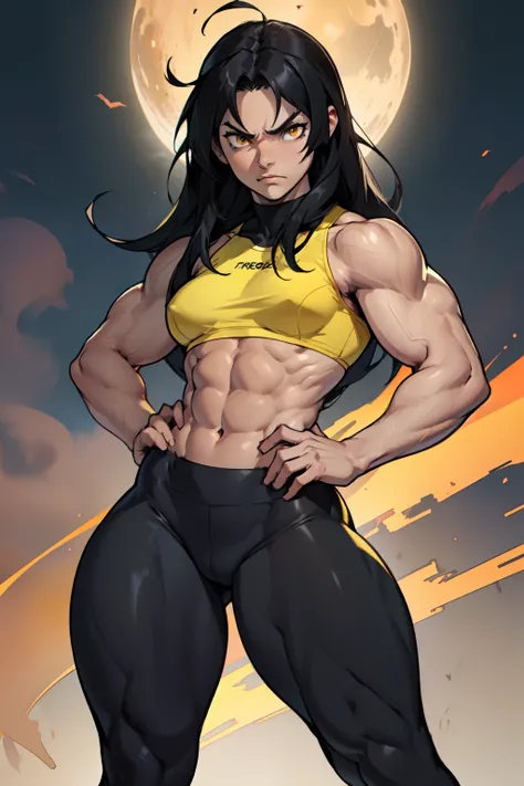 (((((muscular))))), (((thick thighs, small breasts, toned body, 1 girl))), black hair, pale skin, yellow eyes, angry, very long hair, (bra leggings hero pose)