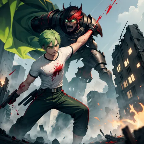 1 man, green hair, green pupils, angry, serious, V eyebrows, white t-shirt, black pants, shoes, combat pose, covered in blood and full of wounds, destroyed city in the background, knight with red and black armor in the background