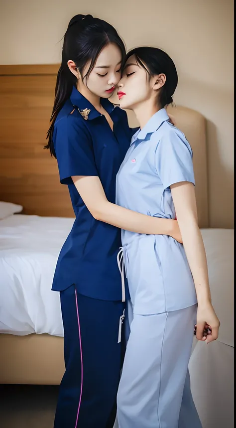 master-piece, bestquality, ultra realistic, hyper-detail, 8k resolution, RAW photo, crisp focus, (2 girls in the bedroom), ((Navy blue shirt:1.1)), short sleeves, Long Path, Perfect body, 2 mature women, 18yo, cinematic light,A woman kisses and lies on a b...