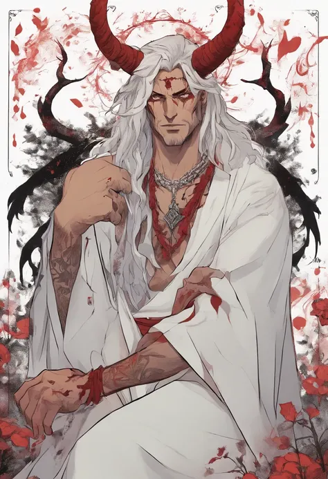 Tall strong man, covered in tattoos and black markings, scarred all over his body, sitting in a forest, wearing a long open white robe showing off his scarred and marked chest, long red hair, horns, holding a demonic katana, tiefling, wearing a cross neckl...