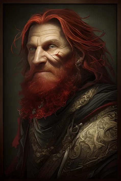 pirate, Red hair, iconic long beard, Evil smile, 45 year old male, Very detailed, Rough face, High quality