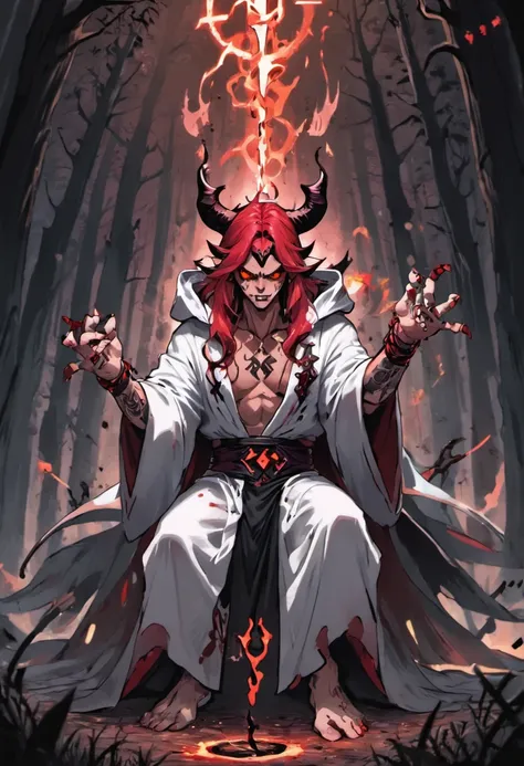 Tall strong man, covered in tattoos and black markings, scarred all over his body, sitting in a forest, wearing a long open white robe showing off his scarred and marked chest, long red hair, horns, holding a demonic katana, tiefling, wearing a cross neckl...