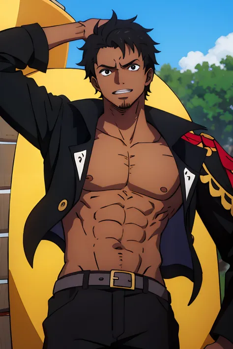 male pirate, dark skin, dark hair, open jacket, no shirt