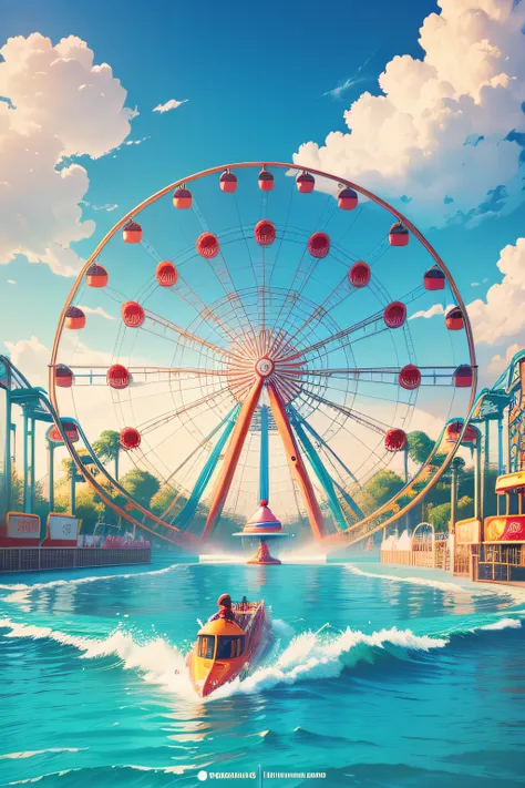 logo design of water theme park. text as "kalyan Amusement Park", colourfull vector illustration, kalyan and park letter should be bold and big, logo shoud be attractive for kids and family, add elements like giant wheel, seven wornders, long roap bridge, ...