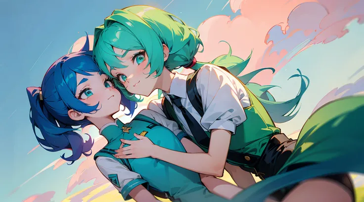 ((colourful, As detailed as possible, tmasterpiece)), One girl with turquoise hair kissing the fingers of the second girl with blue hair, Two friends, Two girls, 2 d anime style, flat anime style, in anime style, the anime, anime stylized, glass hair, Glow...